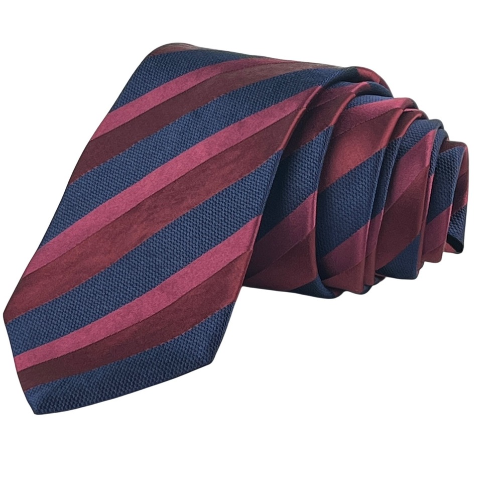 Hugo Boss Tie Mens Burgundy Navy Blue Striped‎ 100% Silk Made in Italy